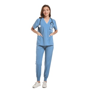 Unisex Quick Dry Scrub Set Blue V Neck Short Sleeve Hospital Uniforms For Medical Dental Veterinary Use - Product Image 3