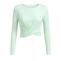Haut de yoga pour femme à manches longues en maille transparente torsadée sur le devant, coupe ajustée, court, séchage rapide, respirant, pour l'entraînement, le Pilates, le quotidien, en nylon