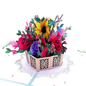 Custom design Wholesale sales 3D flower basket greeting card with envelope