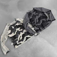 T-shirt unisexe à manches longues raglan camouflage, tricot gaufré thermique, coupe oversize streetwear, personnalisable avec logo