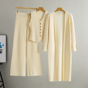 Women Knitted <b>Sweater</b> Set V-Neck <b>Sleeveless</b> Vest Long Cardigan Wide Leg Pants Autumn Spring Casual Outfit - Product Image 4