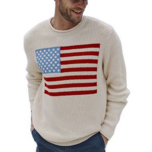 Suéter de Punto con Cuello Redondo, Diseño Intarsia, Algodón, Estilo Pescador, Bandera Americana, para Hombre, Premium, OEM - Product Image 1