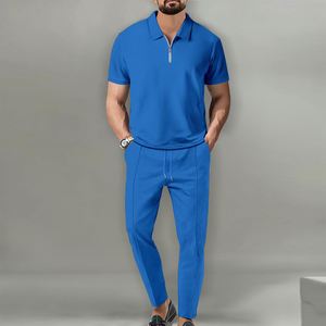 Conjunto de Verano Casual de Dos Piezas para Hombre, Estilo Urbano, Color Sólido, Cuello Alto, Manga Corta, Pantalón con Cierre - Product Image 3