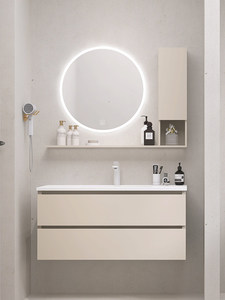 Meuble de salle de bain suspendu au mur avec lavabo intégré en céramique, style crème français moderne et minimaliste, miroir intelligent - Product Image 1