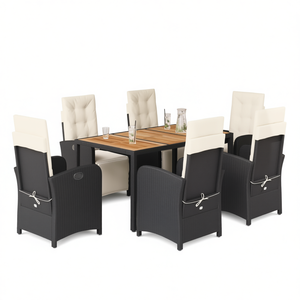 Set da Pranzo da Giardino Nero e Crema per 6 Persone, Mobili da Esterno in Rattan Resistenti alle Intemperie, Design Contemporaneo con Piano in Teak - Product Image 1