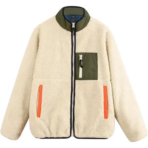 Wholesale High Quality Faux Fur Pocket Color Block Winter Outwear Coat Custom Logo Men Sherpa Fleece Jackets