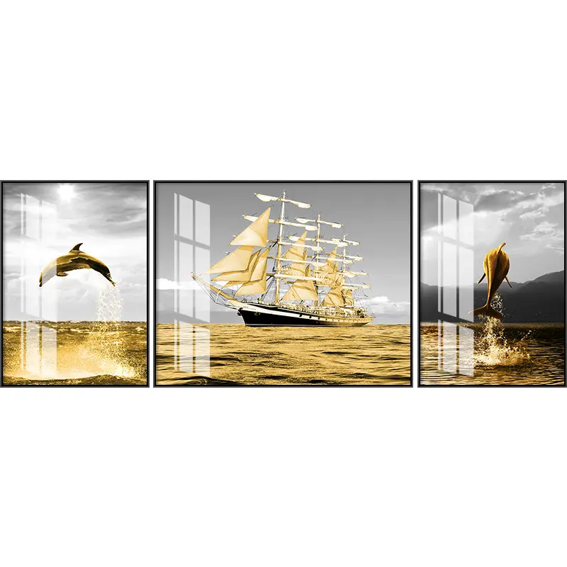 Luxury 3D Pictures Modern Arts Living Room Decoration golden sea Paintings Landscape Crystal Porcelain Wall Art