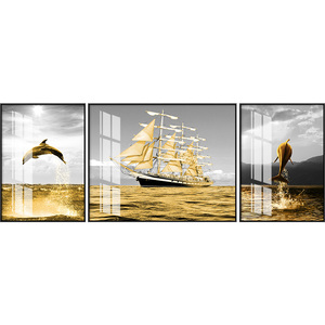 الفاخرة 3D الصور الفنون الحديثة غرفة المعيشة الديكور الذهبي البحر لوحات المشهد الخزف المصنوع من الكريستال جدار الفن - Product Image 1