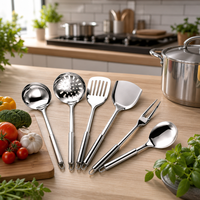 Ensemble de 6 ustensiles de cuisine en acier inoxydable, finition miroir, avec écumoire décorative, spatule solide, fourchette à viande et design avec boucle de suspension