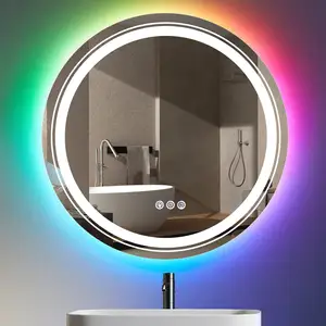 Renk değiştirme parlaklık ayarlanabilir anti-sisleme yuvarlak ön ışıkları banyo LED temperli banyo aynası daire otel için