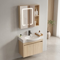 Rak wastafel kamar mandi rangka aluminium anti air, kayu ringan motif kayu, pintu ganda, wastafel keramik oval, cermin LED pintar, modern, untuk hotel