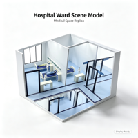 Maquette architecturale d'un couloir d'hôpital, avec les différentes pièces fonctionnelles, les couloirs et le mobilier médical, figurines miniatures en ABS