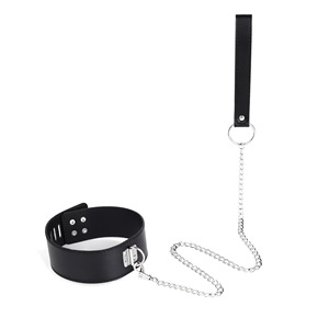 Black Leather <b>Bondage</b> <b>Collar</b> With Chain And Lead For Adult Use Forced Restraint Gear - Product Image 3