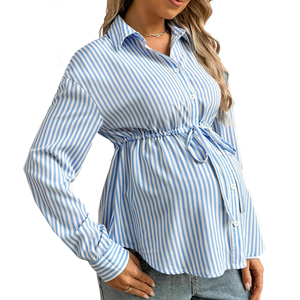 <span class=keywords><strong>Chemisier</strong></span> <span class=keywords><strong>de</strong></span> maternité léger rayé à manches longues boutonné avec ceinture à nouer, décontracté, pour femmes enceintes, vente en gros - Product Image 1