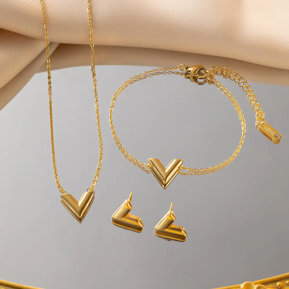 Stainless Steel Necklace For Women Jewelry V Letter Pendant Earrings Bracelet Necklace Set