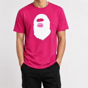 Men's Pink Short Sleeve T-Shirt With <b>White</b> Face Print Regular Fit O-Neck Streetwear Cotton <b>Tee</b> - Product Image 1