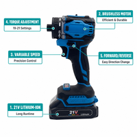 Perceuse sans fil 21V sans balais, couple maximal, vitesse variable, marche avant/arrière, poignée ergonomique, lumière LED, usage domestique, UN38.3