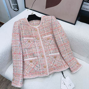 DS28223 Elegante Giacca Formale Autunnale in Tweed con Ricami, Collo Tondo, Fatta a Mano, Rosa con Bottoni Dorati a Fiore, <span class=keywords><strong>Blazer</strong></span> da Donna in Stile Parigino - Product Image 1
