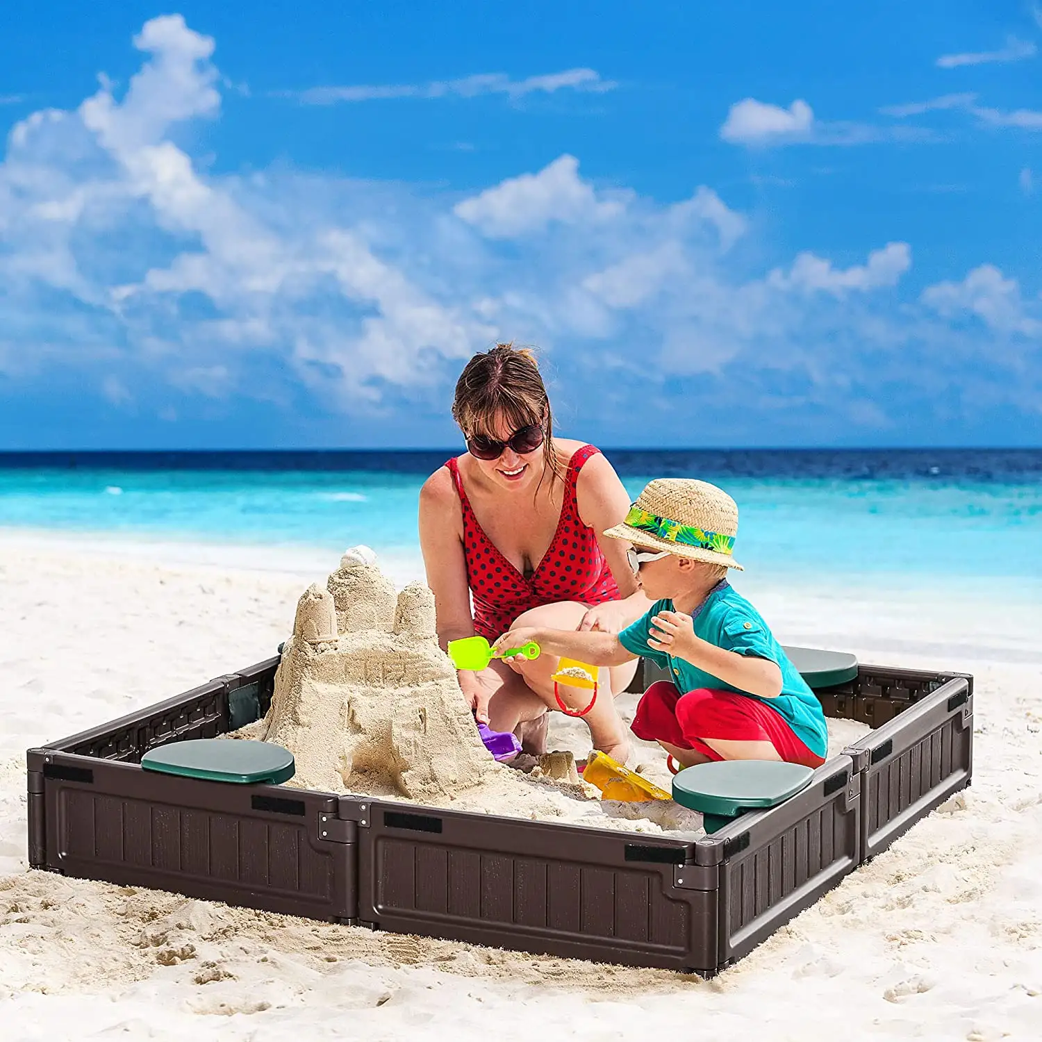Amazon Hot Selling HDPE Plastic Sandbox for Kids in Garden with Base and Cover