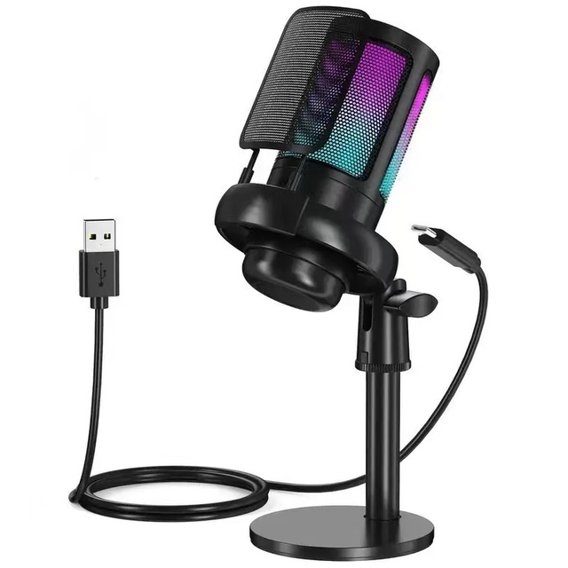 Professional USB RGB Wired Microphone Condenser Microphone Noise Cancelling Desktop Microphone for Live Streaming Gaming