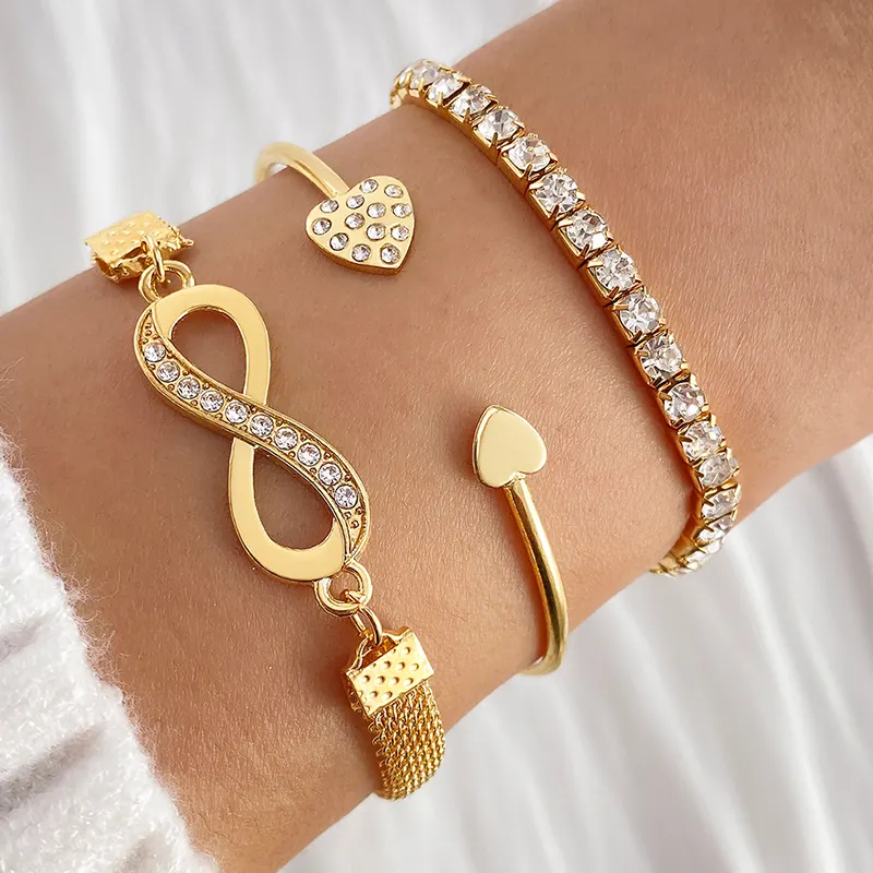 3 Pcs/Set Full Diamond Crystal Peach Heart Open Charm Bangle Bracelet Set Multilayer Infinity Heart Bracelet For Women Jewelry