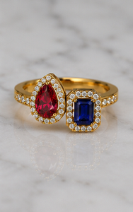 925 Sterling <b>Silver</b> Gold Plated Open <b>Ring</b> with Pear Cut Red CZ & <b>Emerald</b> Cut Blue CZ Halo Design for Women - Product Image 2