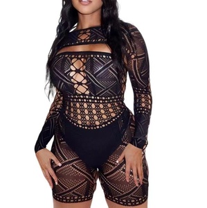 Viviblook Z0206RP01 Nouveau Sexy évider voir à travers les vêtements en maille manches longues haute élasticité barboteuse moulante - Product Image 1