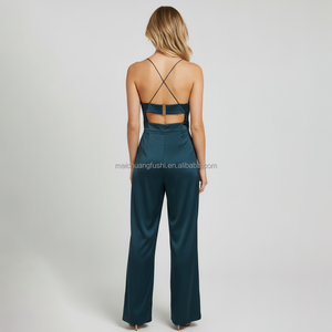OEM Custom Silk Satin <strong>Jumpsuit</strong> Women Sexy Deep V Neck Spaghetti Strap Wide Leg Rompers Backless High Waist Club <strong>Jumpsuits</strong> - Product Image 2