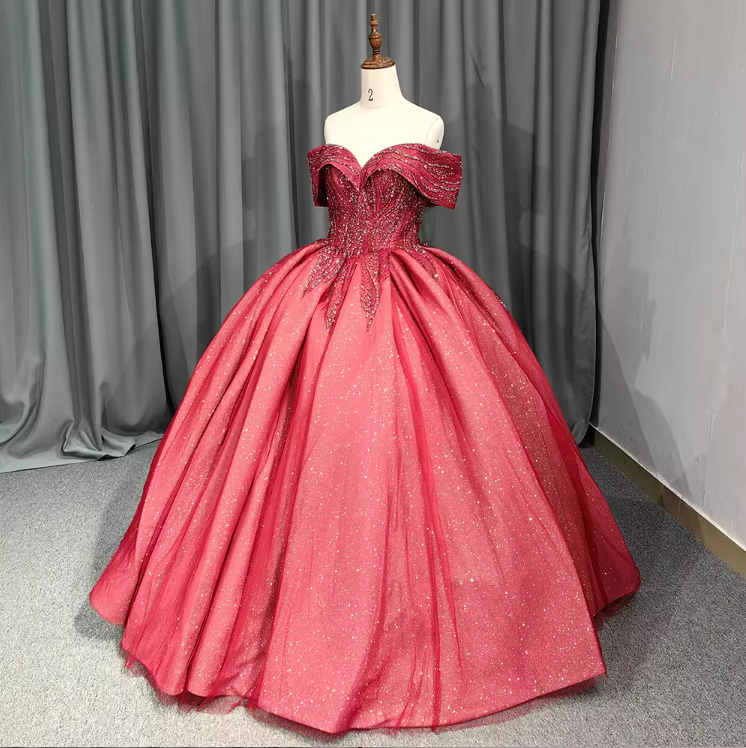 red puffy quince dresses Red Quinceanera Dresses Sweet 15 3D Flowers Glitter Sequin Prom Party Ball Gown
