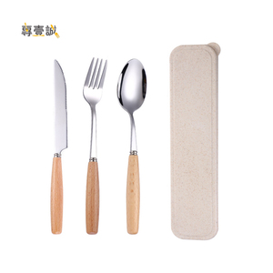 Stainless Steel Wooden Handle Spoon Fork Knife Metal <strong>Travel</strong> <strong>Cutlery</strong> <strong>Set</strong> <strong>With</strong> <strong>Case</strong> - Product Image 1