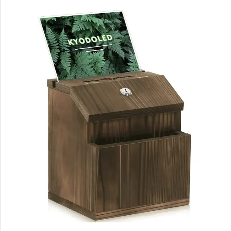 Caixa de sugestão de madeira de alta qualidade, caixa de votação rústica, chave da caixa de doação com trava, fixada na parede