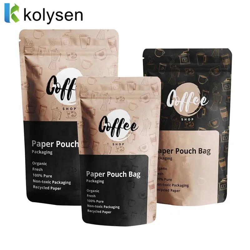 Kantong kopi kemasan kafe Biodegradable kantung kopi PE berdiri kantong ritsleting atas dengan kertas Kraft cetak kustom katup