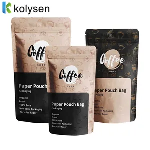 Biodegradable Food Coffee Pouches Cafe Packaging Coffee Bags PE Stand up Pouch Zipper Top with Valve Custom Printed Kraft Paper