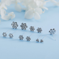 Pendientes de resina con flor de diamantes de imitación, 3-7mm, tono plateado, pétalos de cristal, pequeños, de varios tamaños, para mujer, joyería al por mayor a granel