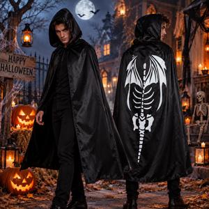 Party Skeleton Cape Black Ghost for Children&Adult Halloween Cosplay Costume <b>Hooded</b> <b>Cloak</b> - Product Image 1