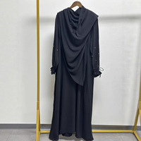 Robe une pièce en tissu polyester doux et respirant de couleur unie avec manches perlées et poignets élastiques, accompagnée d'un ensemble Khimar de luxe pour la prière de l'Aïd