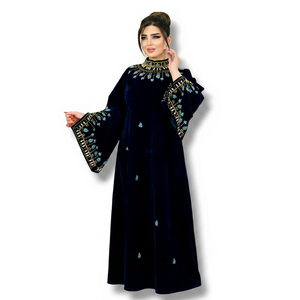 Awais House Women's Navy Velvet Beaded Embroidery Floor-Length Modest Formal Evening Dress V-neck Full Sleeve Natural Waist - Product Image 1