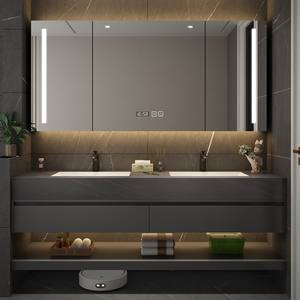 Mueble de baño moderno minimalista con lavabo cerámico integrado, espejo inteligente y gabinete. - Product Image 1