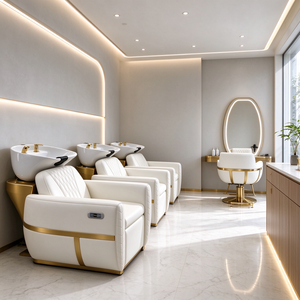 Ensemble de fauteuil de barbier et de fauteuil de lavage de luxe or et blanc, avec bac à shampoing en céramique et miroir de salon LED, mobilier de coiffure - Product Image 3