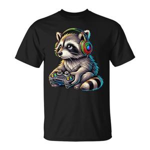 Camiseta Gaming Raccoon negra de manga corta con cuello redondo y estampado digital para jugadores y amantes de los mapaches, ropa para adultos para hombre - Product Image 1