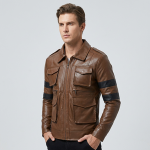 <b>Mens</b> Brown Leather <b>Jacket</b> Multi Pocket Vintage Motorcycle <b>Biker</b> Outerwear Winter Coat Leather <b>Jacket</b> for <b>Men</b> - Product Image 3