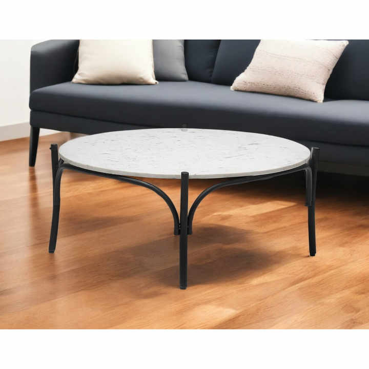 HMS 36\" Rustic Round Coffee Table Brown and Black Oak Wood with Metal for Living Room or Entry Furniture