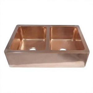 Évier double en cuivre de qualité supérieure, rectangulaire, à encastrer, finition polie, style ferme, pour cuisine - Product Image 1