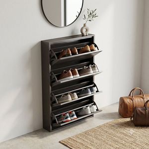 <span class=keywords><strong>Mueble</strong></span> <span class=keywords><strong>Zapatero</strong></span> Metálico Delgado Gris Oscuro <span class=keywords><strong>Moderno</strong></span> con 4 Compartimentos Basculantes para Ahorrar Espacio en el Hogar - Product Image 2