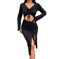 Offre Spéciale Sexy Femmes robes noir Tricot À Manches longues V COU de Cordon Creux Out de Split Haute Fente Volants robe en jersey