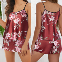 Mode imprimé fleuri Satin vêtements de détente jarretelles shorts pyjamas deux pièces respirant Satin soie licou pyjamas pour femmes été