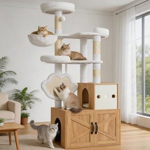 Modern Wooden Condo Storage Furniture 64" Tall Hidden <b>Litter</b> Cabinet Multi-Tier Play Platform Waterproof Indoor Sundry - Product Image 3