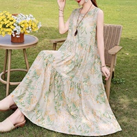 Nouvelle Robe Longue d'Été Grande Taille à Imprimé Floral 3D, Coupe Ample Sans Manches avec Col et Taille Décontractée