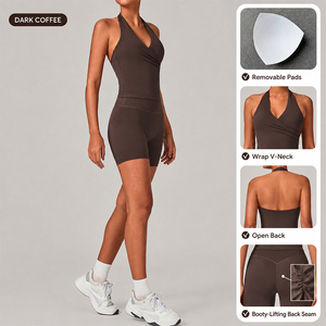 Women Gym Workout Set Halter <b>Padded</b> Sports Tank Top High Waist Ruched Butt Biker Shorts Yoga Activewear - Product Image 3