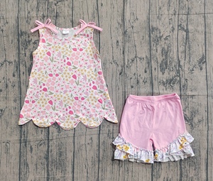 GSSO3390 Tenues d'été personnalisées pour petites filles, imprimé fleurs et nœuds roses, vêtements pour enfants en gros, ensemble de vêtements pour filles à manches courtes - Product Image 2